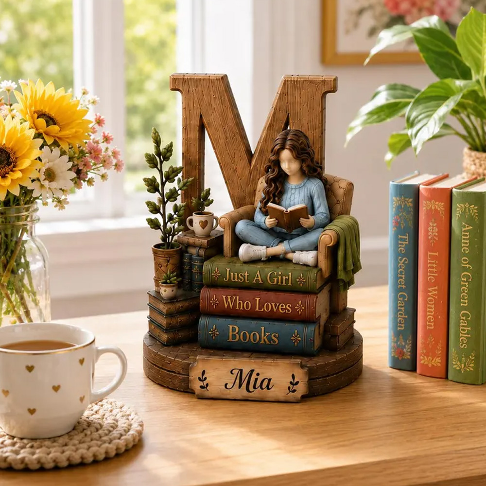Personalized Book Lover Letter Decor Girl Reading On Chair Custom Name Initial Monogram Gift For Readers Bedroom Desk Shelf Home Ornament