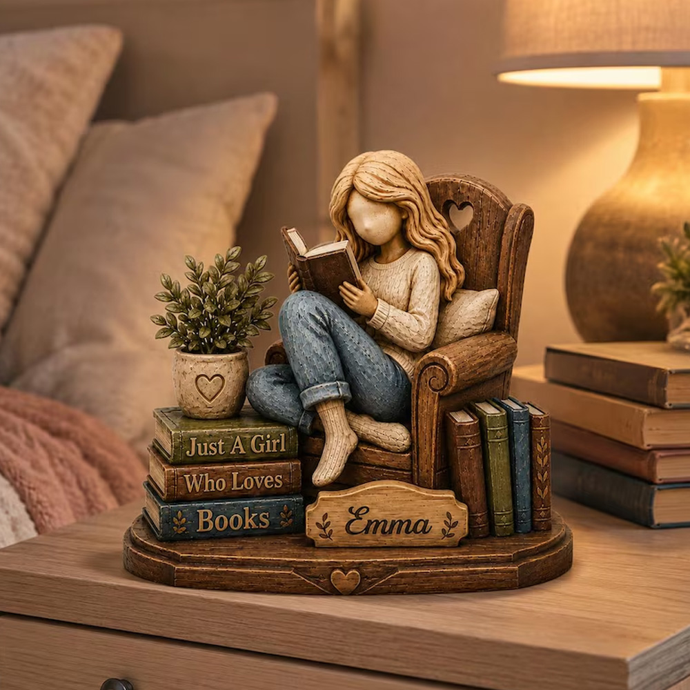 Personalized Book Lover Figurine Girl Reading On Chair Custom Name Gift For Readers Cozy Bedroom Desk Shelf Home Decor Ornament