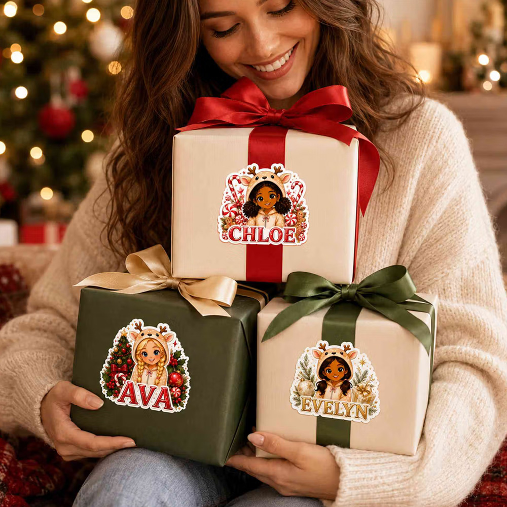 Personalized Reindeer Girl Christmas-Themed Gift Labels with Name, Waterproof Stickers for Gift Decor, Party Favors Christmas Gifts for Her Family