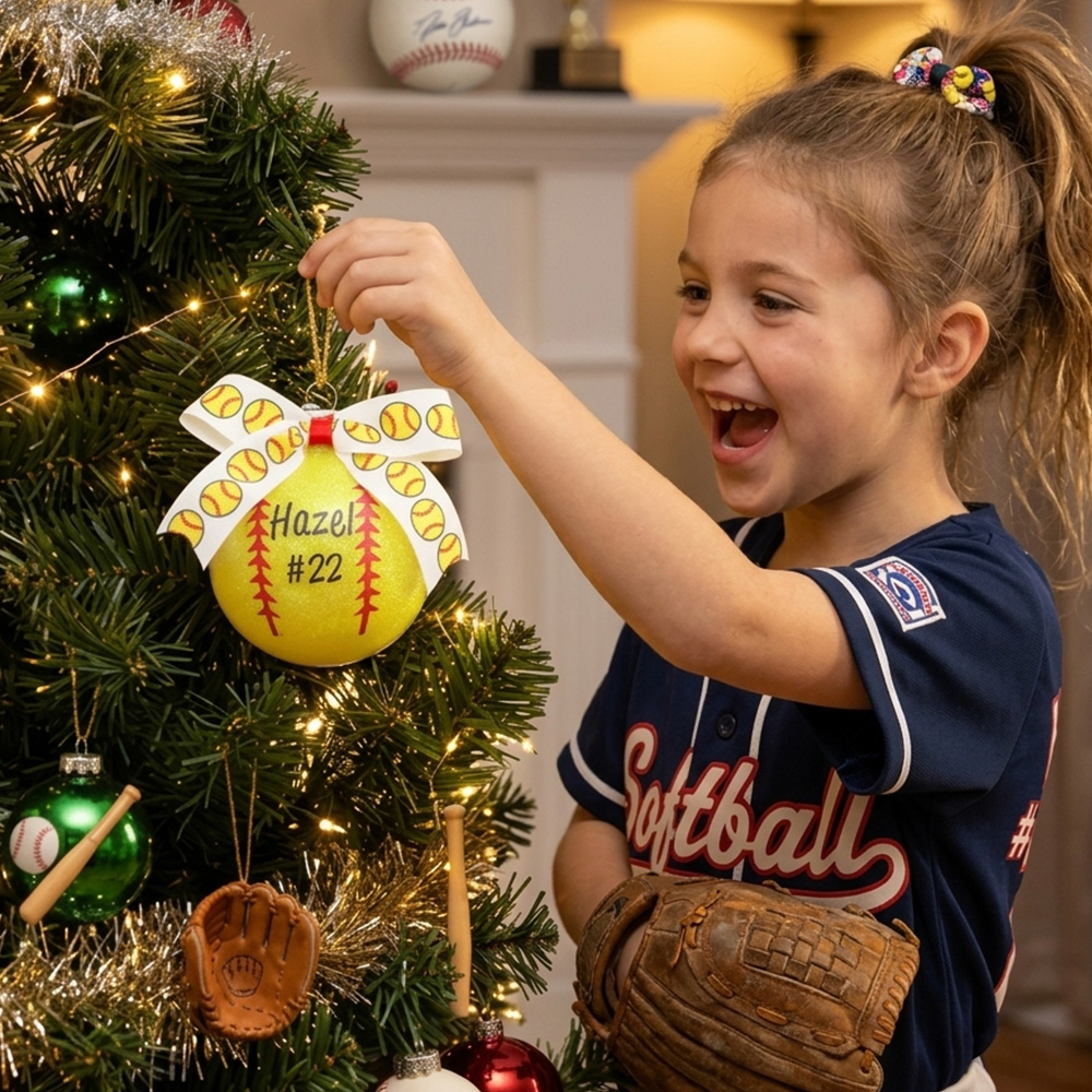 Personalized Softball Bow Ornament with Name and Number Home Tree Decor Sports Team Christmas Gift for Softball Players Lovers