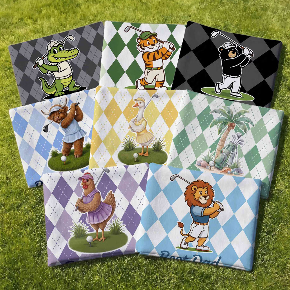 Personalized Names Cartoon Animal Diamond Grid Breathable Golf Cart Seat Cover Golf Cart Accessories Birthday Gift for Mom Dad Family Golf Lovers