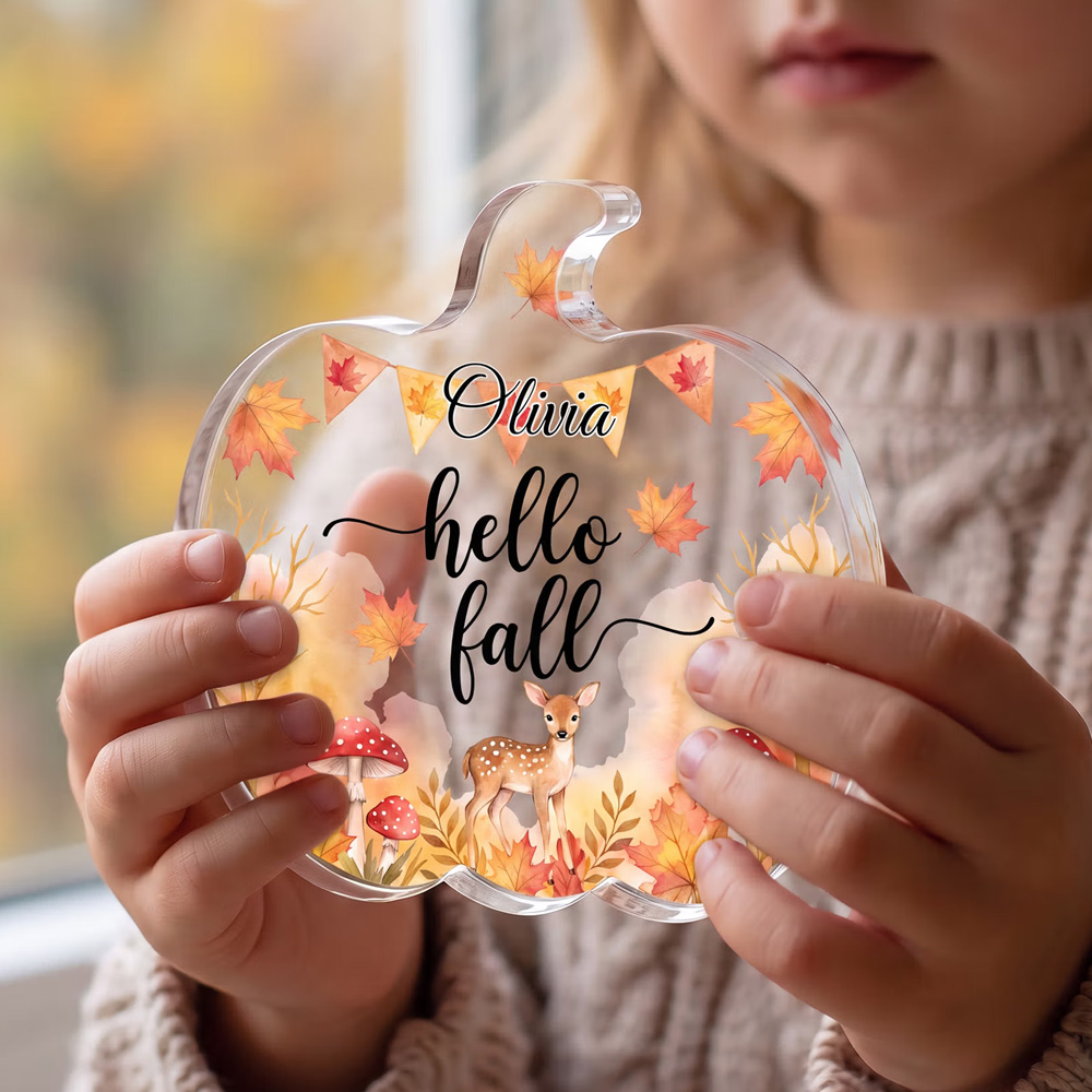 Personalized Name Welcome Autumn Cartoon Animals Pumpkin Shaped Acrylic Plaque Freestanding Fall Decoration Thanksgiving Day Birthday Gift for Kids