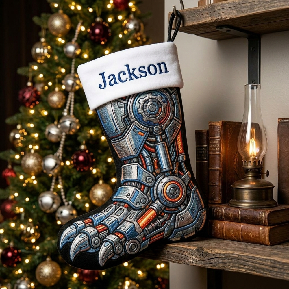 Personalized Christmas Stocking Custom Name Mechanical Dinosaur Inspired Holiday Sock Unique Fireplace Decor Gift For Kids And Fans