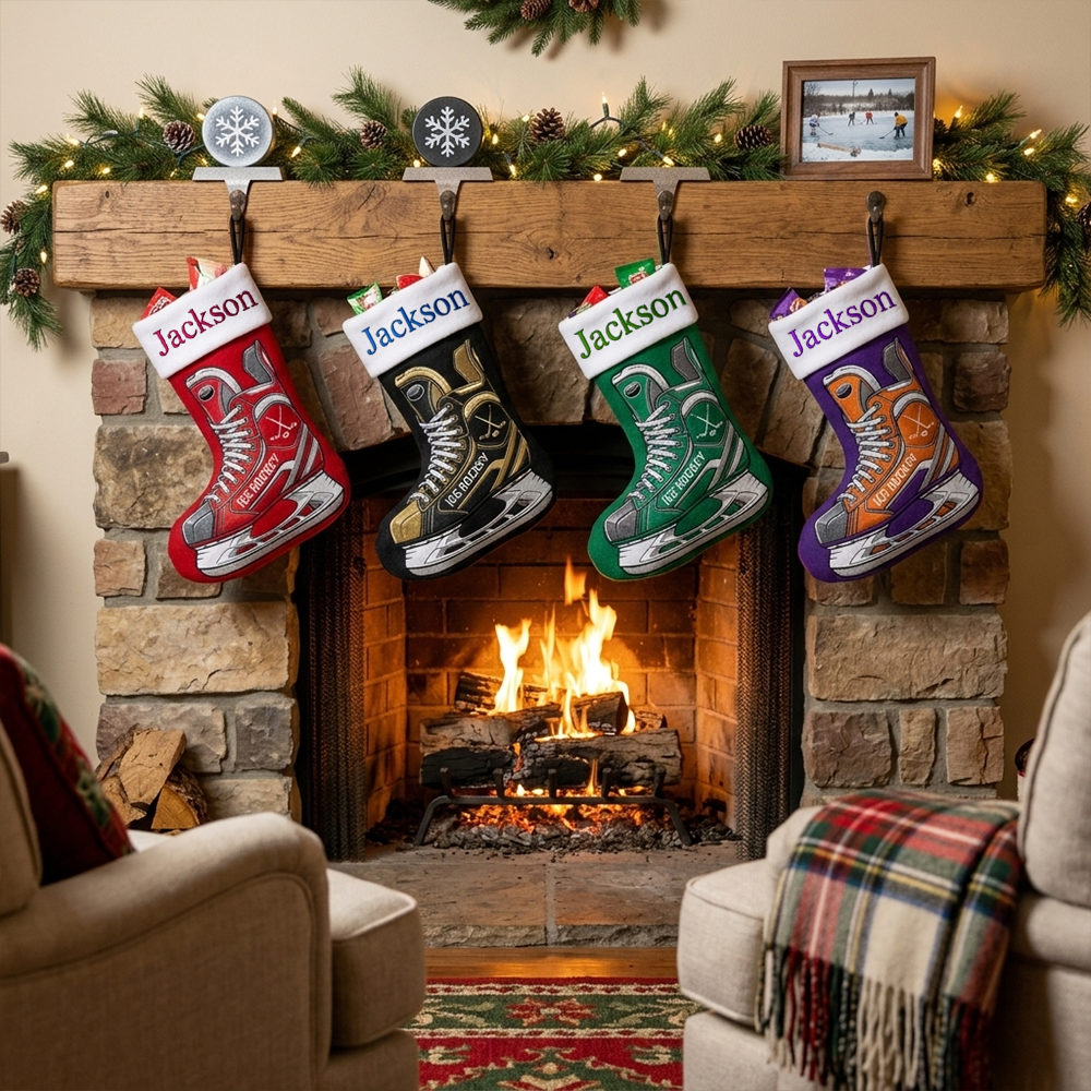 Personalized Hockey Christmas Stocking Custom Name Ice Skate Holiday Sock For Boys Kids Sports Lovers Fireplace Mantel Winter Decor