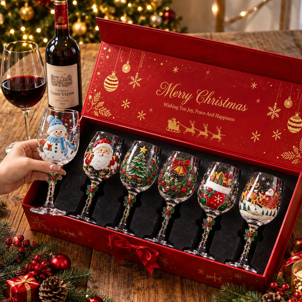Personalized Christmas Wine Glass Set Hand Painted Holiday Goblet Gift Box For Family Friends Party Dinner Table Decoration