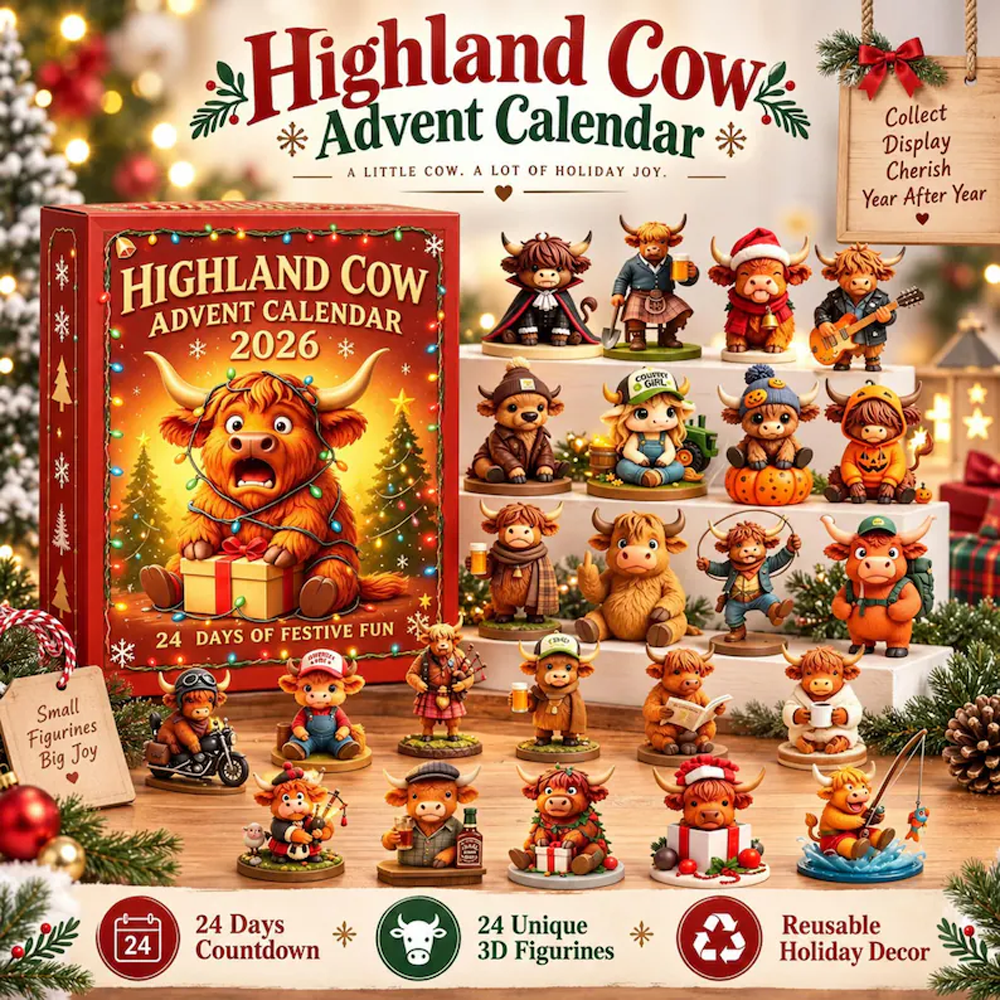 Highland Cow Advent Calendar 2026 24 Days Christmas Countdown 3D Collectible Figurines Farmhouse Holiday Decor Gift for Cow Lovers