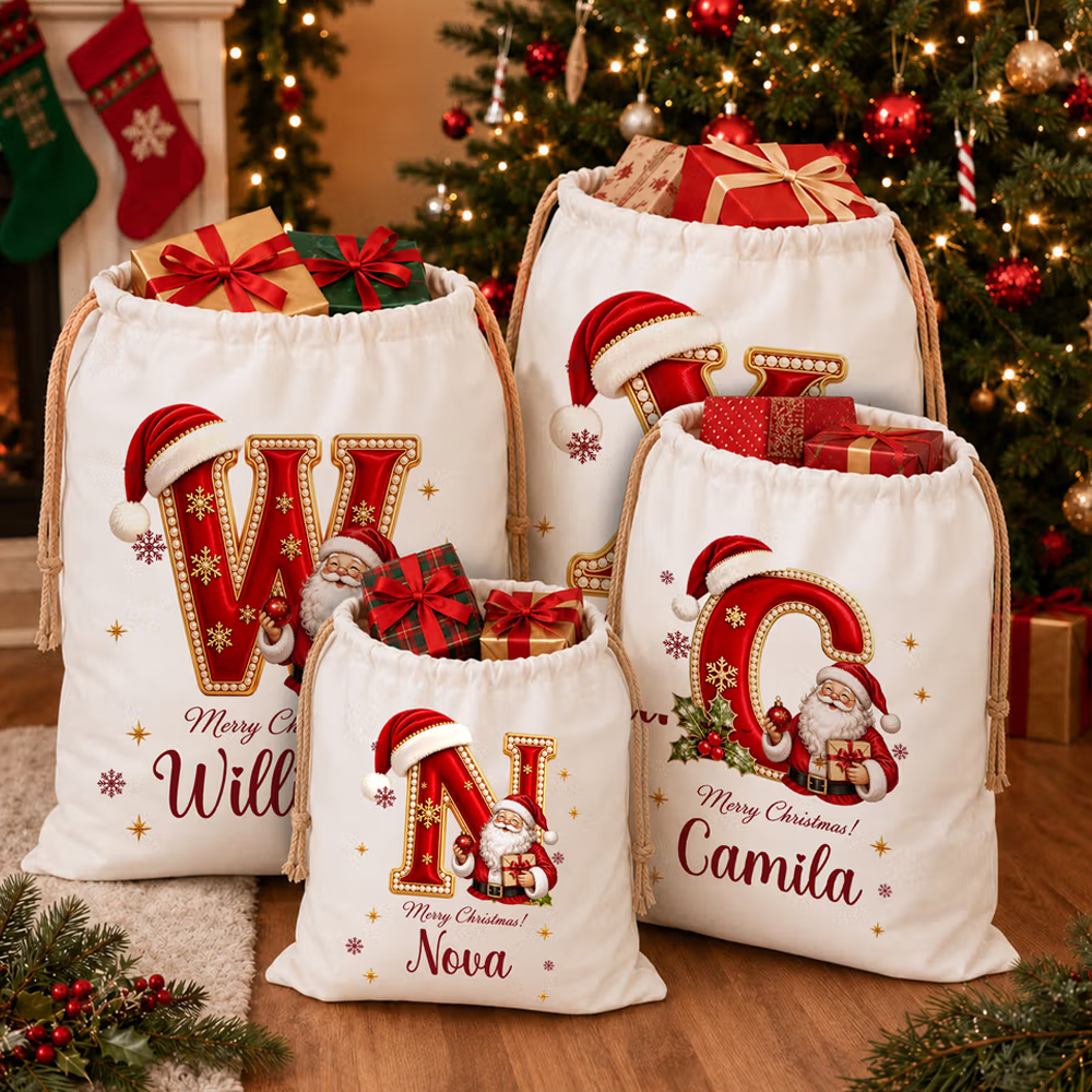 Personalized Merry Christmas Santa Claus Canvas Drawstring Gift Bag with Name and Initial Christmas Eve Party Gift for Kid