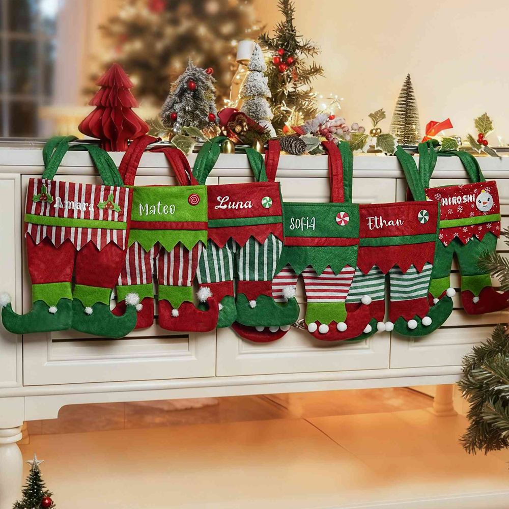 Personalized Name Embroidered Elf Christmas Stocking Festival Fireplace Christmas Tree Hanging Ornament Home Decor Christmas Gift for Family and Kids