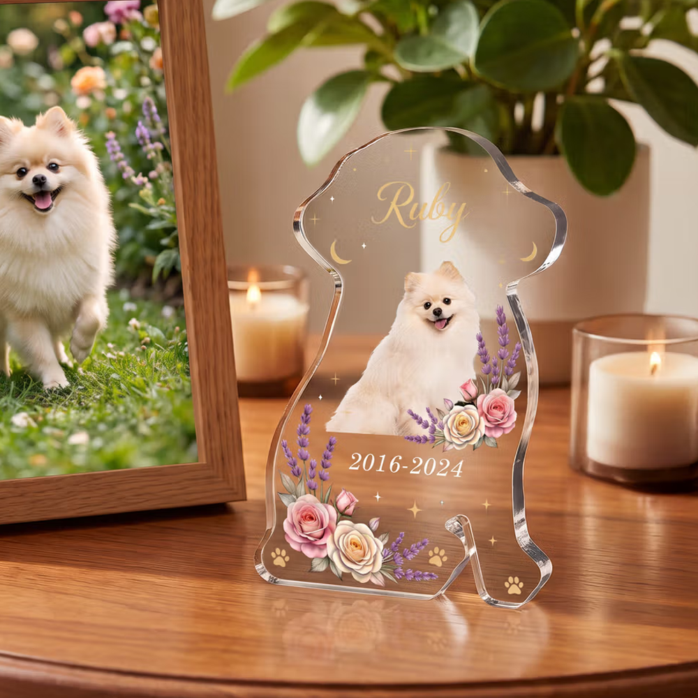 Personalized Flower Dog Portrait Star Dog Shaped Acrylic Ornament with Name and Year Home Decor Memorial Sympathy Pet Loss Gift for Pet Owner