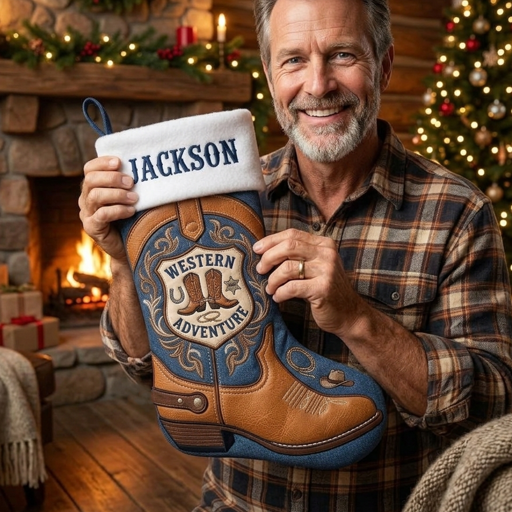 Personalized Western Boot Christmas Stocking Custom Cowboy Name Holiday Stocking Rustic Country Farmhouse Decor For Kids Adults Xmas Gift