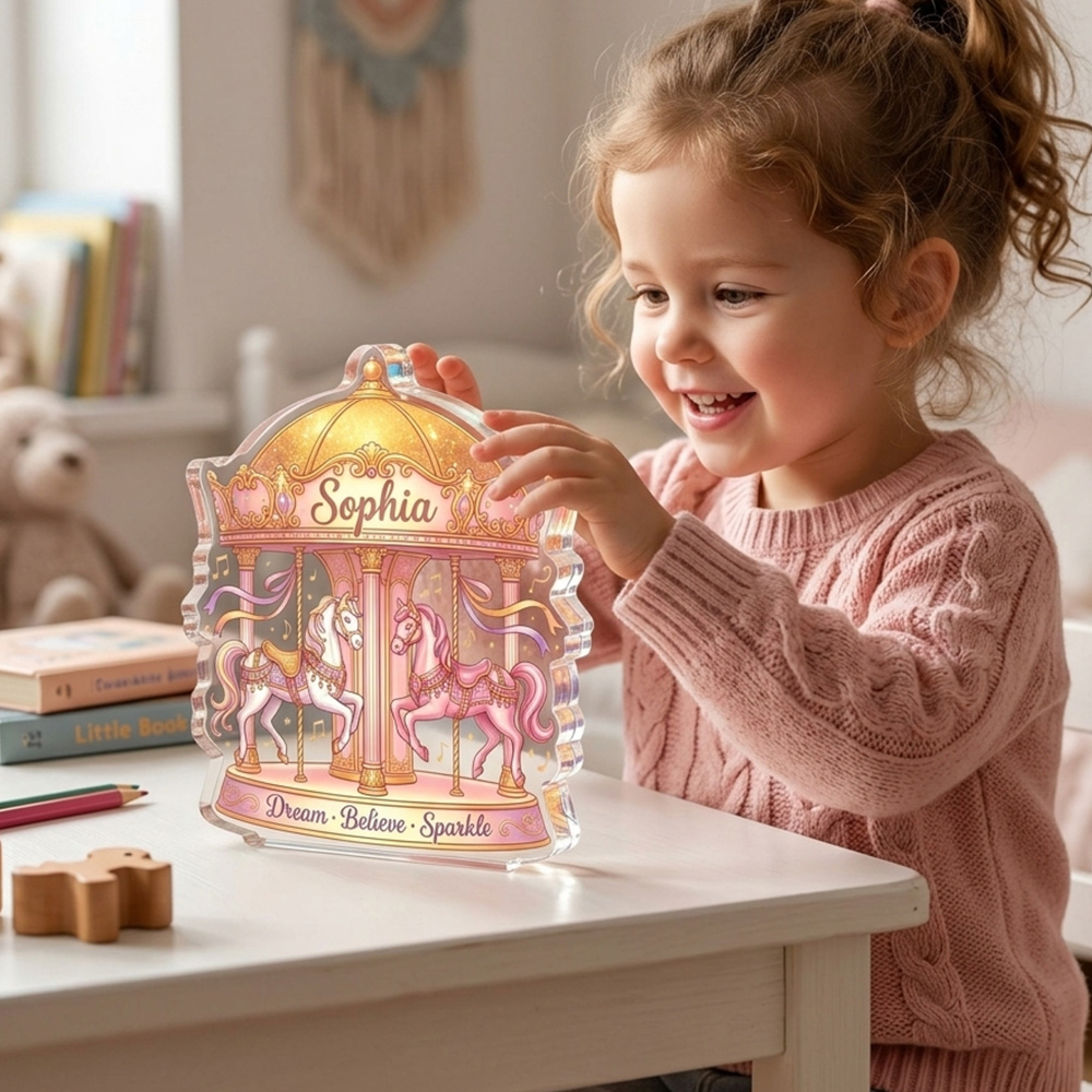 Personalized Carousel Acrylic Plaque Custom Name Dream Believe Sparkle Merry Go Round Horse Gift For Girls Kids Bedroom Nursery Fairy Tale Decor