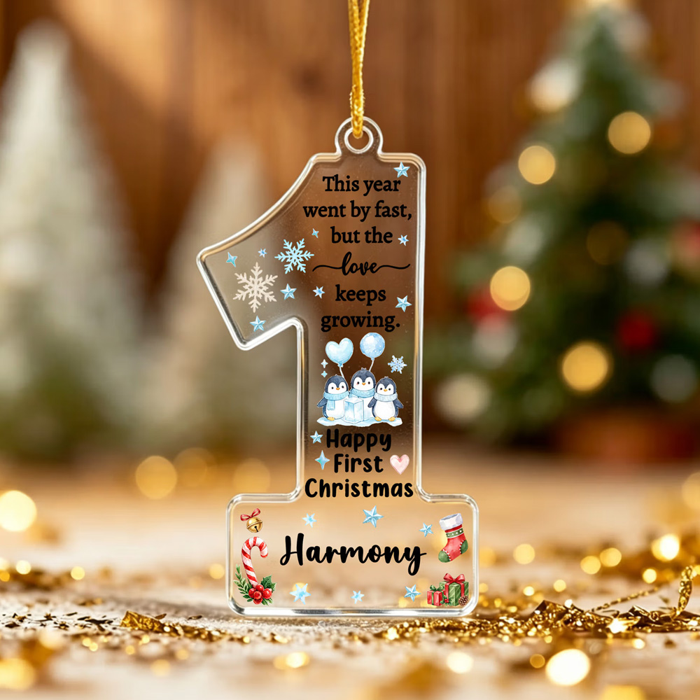 Personalized Name Happy First Christmas Cartoon Animal Number 1 Shape Acrylic Ornament Holiday Tree Hanging Decor Christmas Gift for Newborns