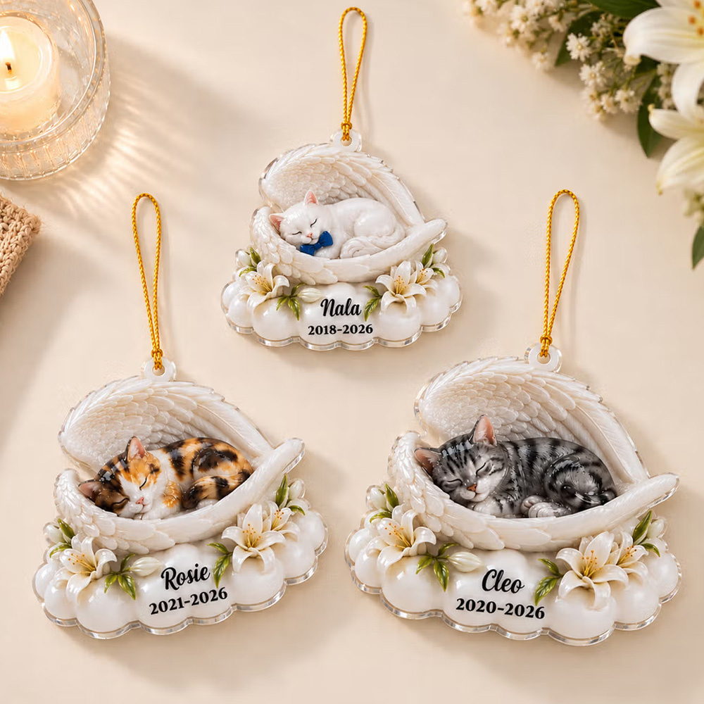 Personalized 3D-Effect Artwork Pet Photo Angel Wings Acrylic Ornament with Name and Year Memorial Sympathy Gift for Pet Owners