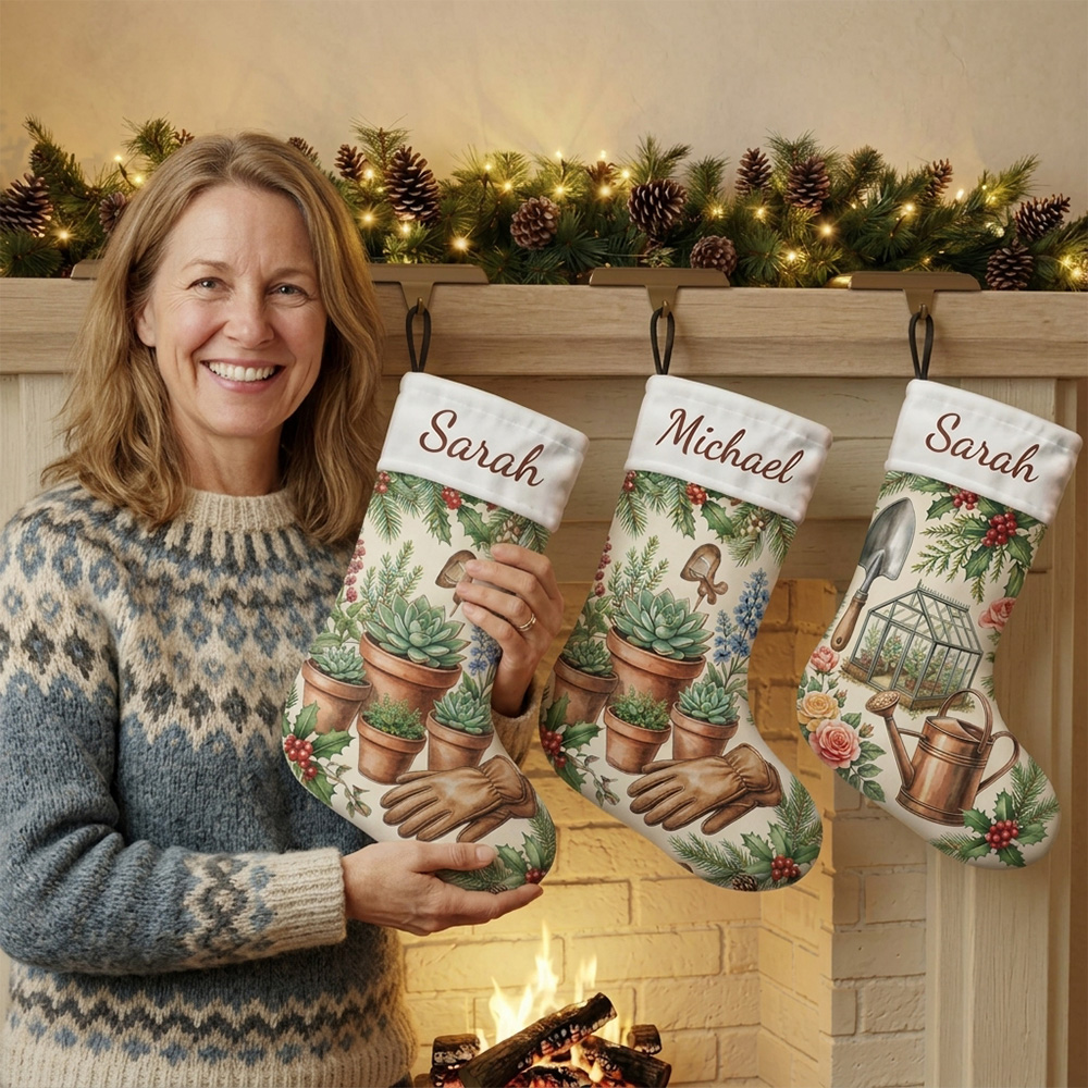 Personalized Gardener Christmas Stocking Custom Name Gardening Plants Watering Can Gloves Gift For Garden Lover Holiday Fireplace Mantel Decoration Gift for Mom and Grandma