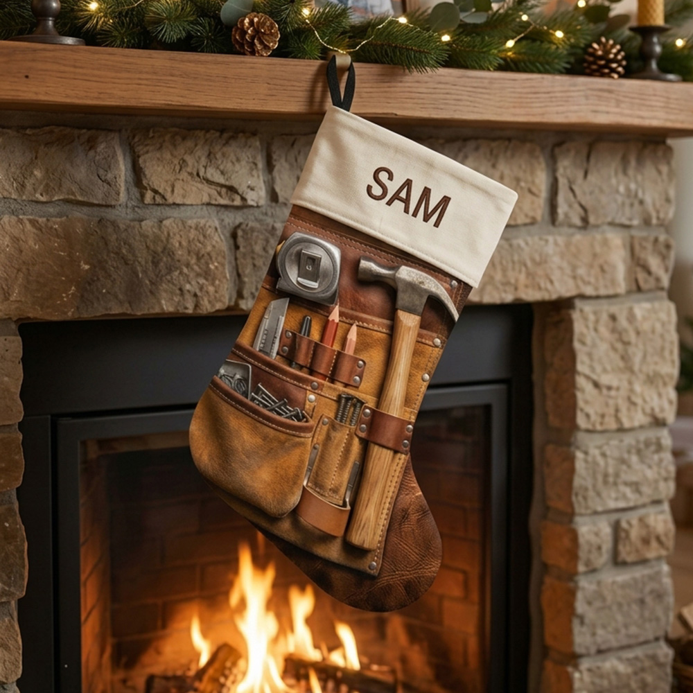 Personalized Woodworker Christmas Stocking Custom Name Carpenter Tools Rustic Workshop Gift For Him Dad Grandpa Holiday Fireplace Mantel Decoration