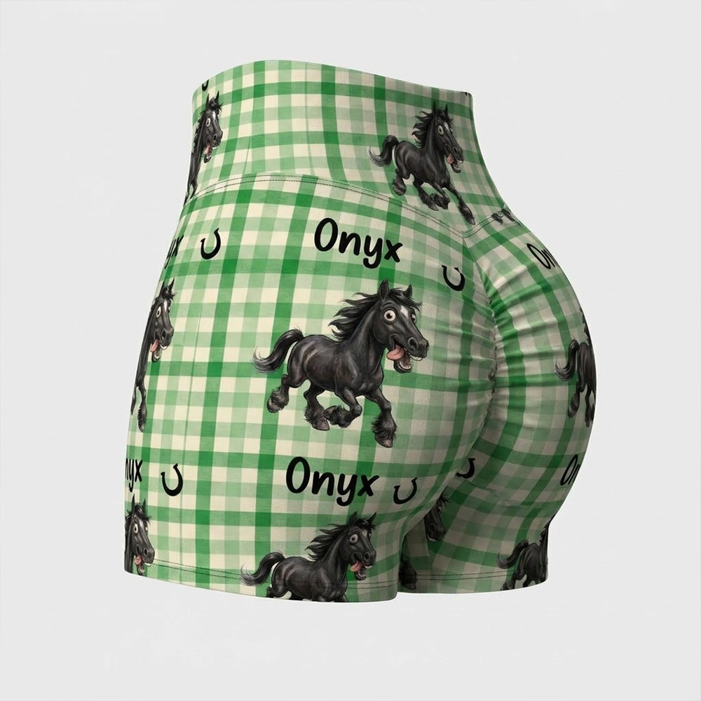 Personalized Pet Lover Name Print Gingham High Waisted Scrunch Butt Shorts Custom Pet Photo Yoga Workout Shorts For Women