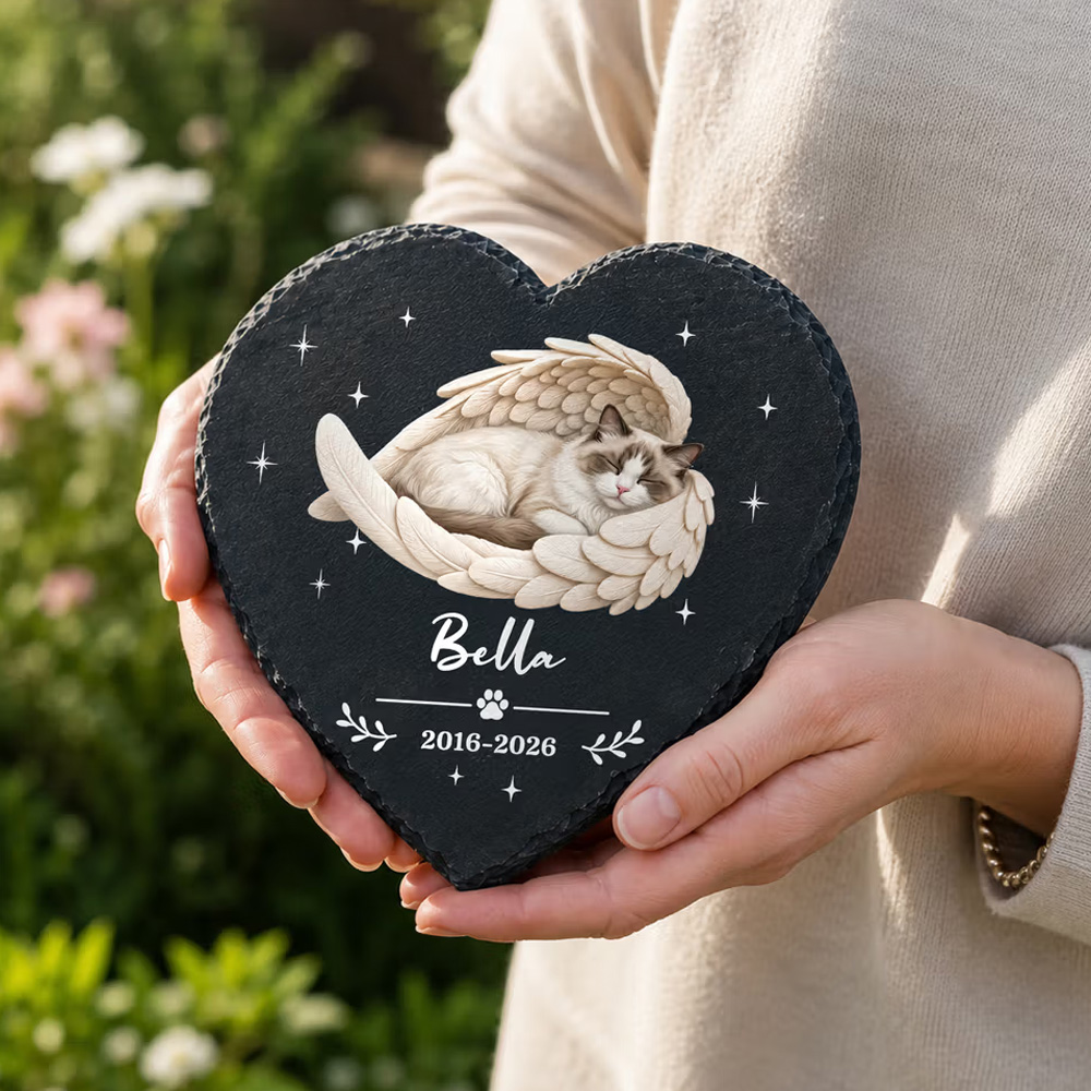 Personalized Angel Wing Pet Photo Round Heart-Shaped Garden Stone with Name and Year Garden Decor Memorial Gift for Dog Cat Owners