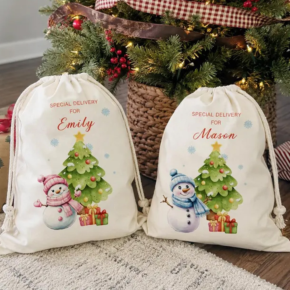 Personalized Christmas Tree Snowman Gift Sack Custom Name Large Santa Bag Reusable Holiday Present Storage Kids Christmas Bag