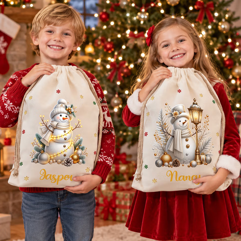 Personalized Cute Snowman Canvas Drawstring Gift Bag with Name Christmas Gift for Boys Girls