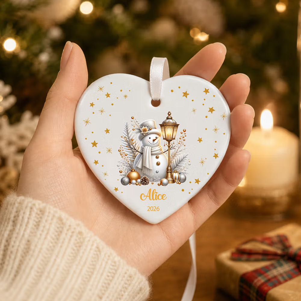 Personalized Christmas Theme Silver Snowman Star Heart Round Ceramic Ornament with Name and Year Christmas Holiday Gift for Family Friends