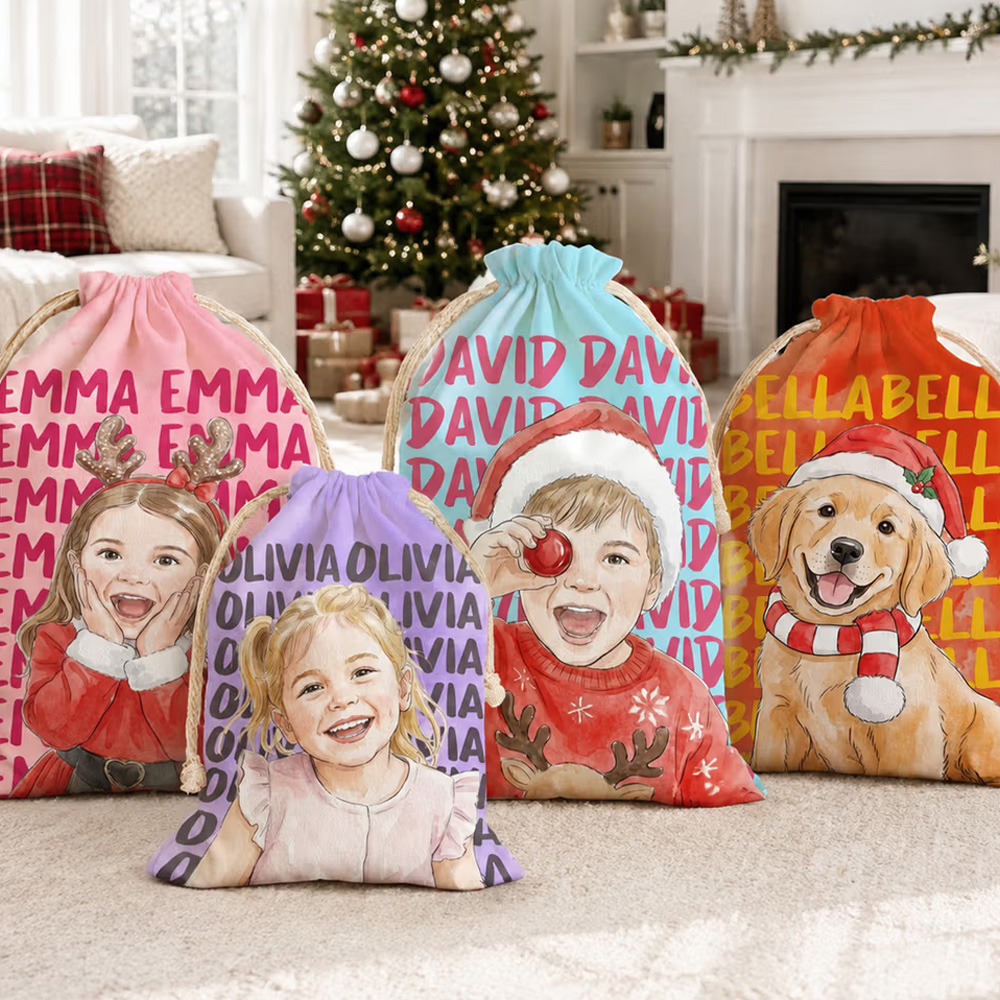 Personalized Watercolor Style Photo Canvas Drawstring Gift Bag with Name Christmas Eve Party Gift for Kids