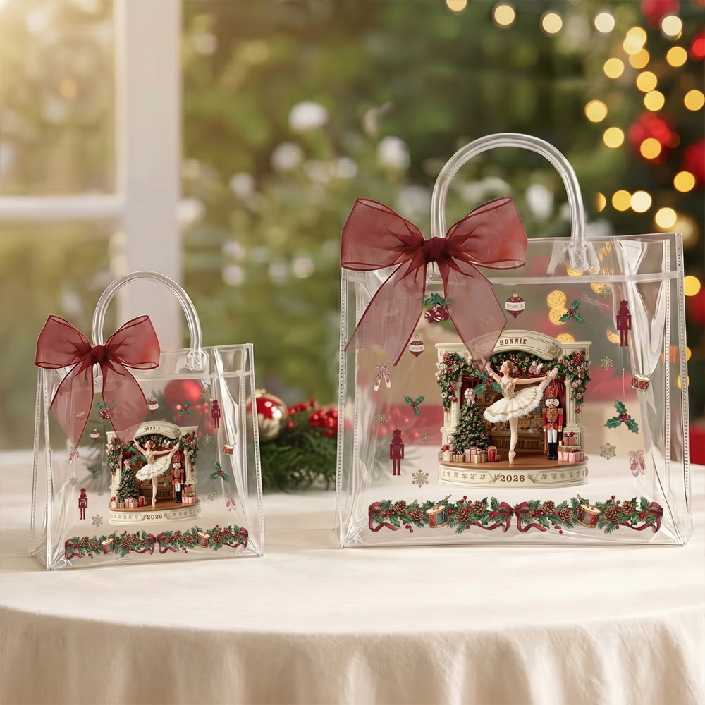 Personalized Name Year Nutcracker Ballerina Christmas Gift Bag with Burgundy Bow Ribbon PVC Clear Tote Bag, Christmas Gift for Ballet Lovers