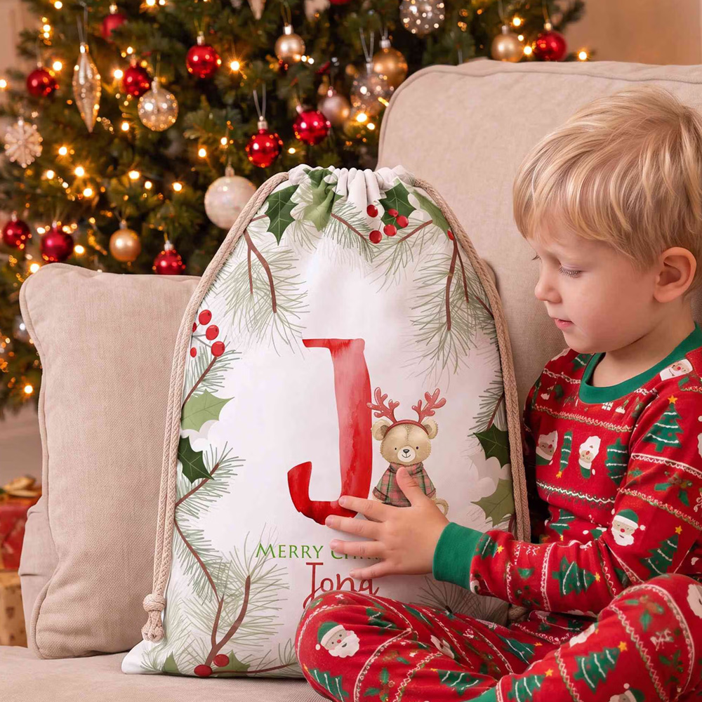 Personalized Name Initial Holly Christmas Teddy Bear Gift Bag Canvas Santa Sack with Drawstring Holiday Party Favor Christmas Gift for Kids