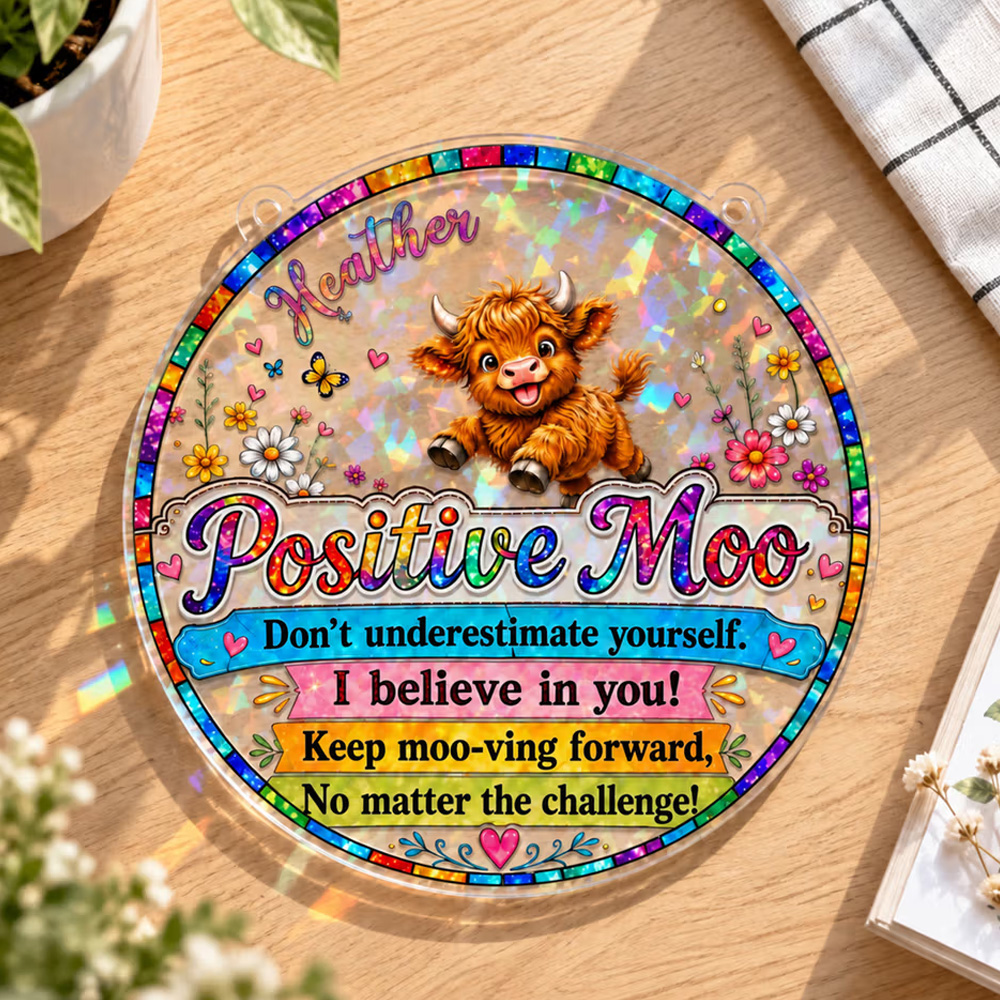 Personalized Colorful Highland Cow Positive Moo Floral Butterfly Sun Catcher with Name Birthday Housewarming Encouragement Gift for Women Friends