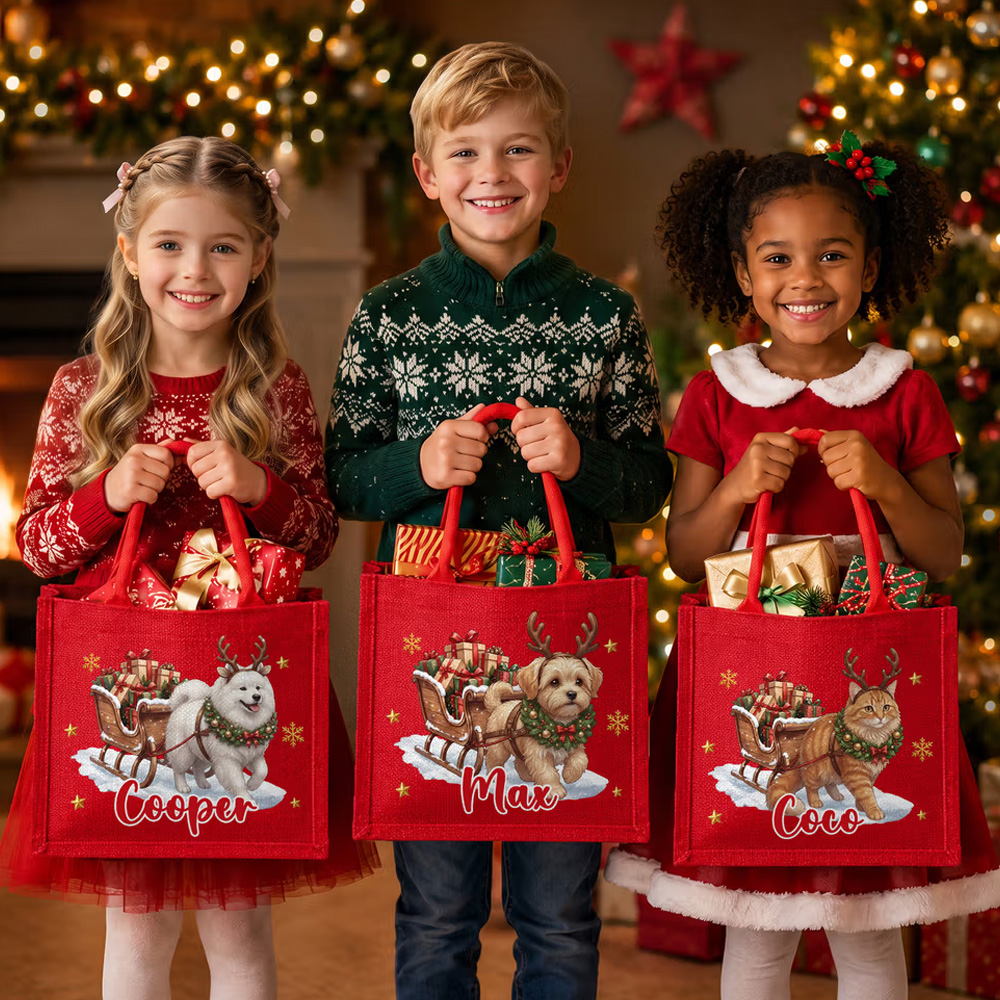 Personalized Cute Pet Photo Christmas Elk Antlers Large Capacity Red Jute Tote Bag with Name Christmas Party Gift for Kids Pet Lovers