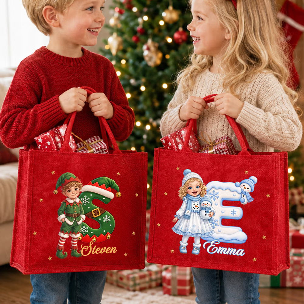 Personalized Cartoon Christmas Style 3D Character Photo Burlap Tote Bags with Name Christmas Eve Gift for Kids Girls Boys