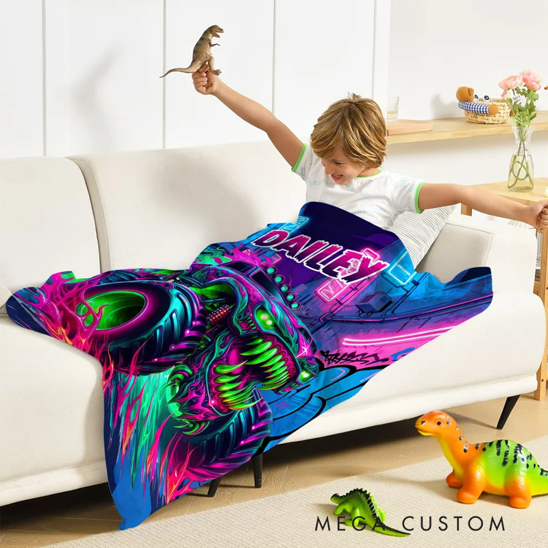 Personalized Monster Neon Truck Soft Throw Blanket with Name Home Decor Birthday Gift for Boys Truck Lovers