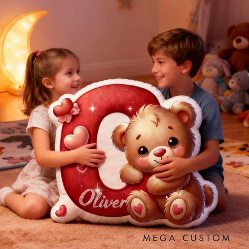 Personalized Cute Romantic Heart Cartoon Bear Initial with Name Graphic 3D Print Pillow Valentine's Day Gifts Funny Gifts