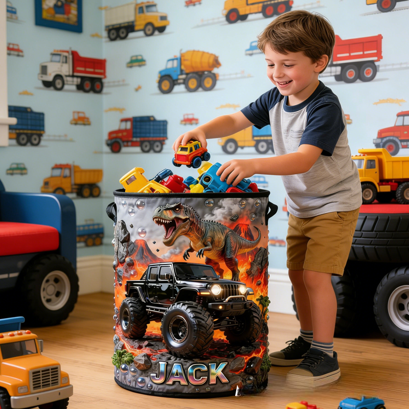 Personalized Dinosaur Monster Truck Themed Laundry Hamper and Storage Box Birthday Gift for Kids