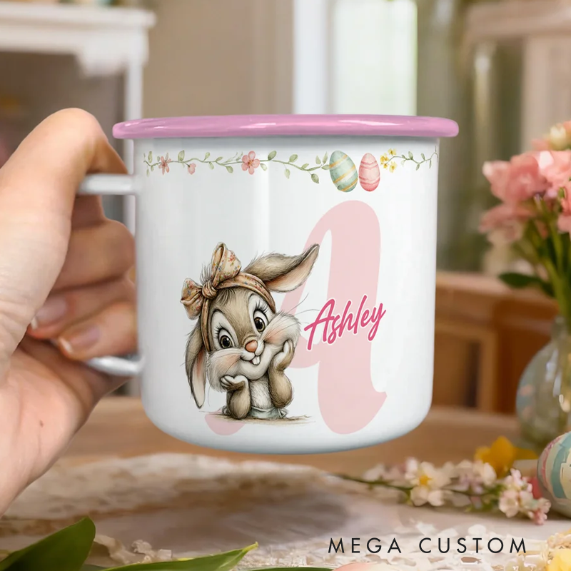 Personalized Cartoon Easter Bunny Initial 12 oz Colored Rim Enamel Mug with Name Easter Gift for Boys and Girls