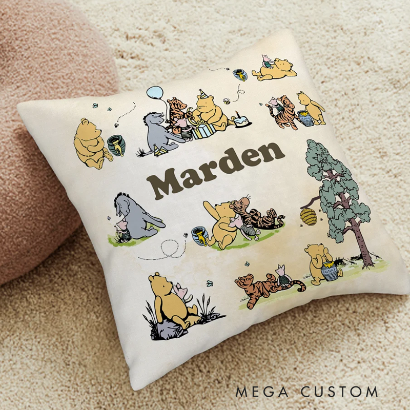 Personalized Classic Winnie the Pooh Soft Throw Pillow Cover with Name Birthday Baby Shower Gift for Newborn Boys Girls