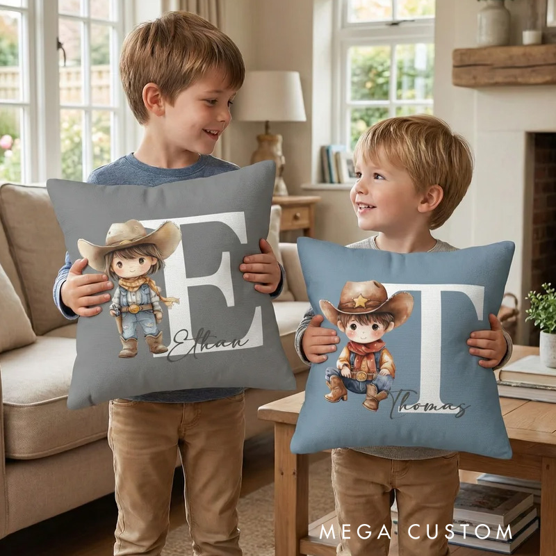 Personalized Cartoon Cowboy Cowgirl Soft Throw Pillow Cover with Name and Initial Home Decor Birthday Gift for Boys Girls