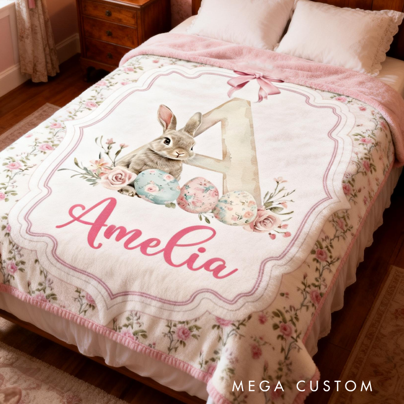 Personalized Retro Pink Bunny with Name Blanket Home Decor Birthday Gift for Kids Easter Gifts