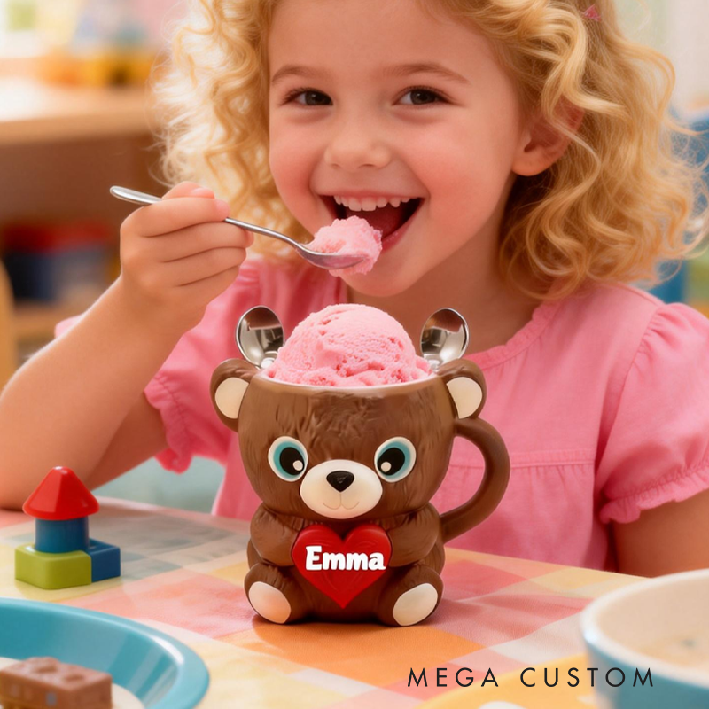 Personalized Cartoon Heart-Shaped Bear Ice Cream Pint Holder 3D Printed with 2 Spoon Slots Cozy Birthday Gifts for Kids