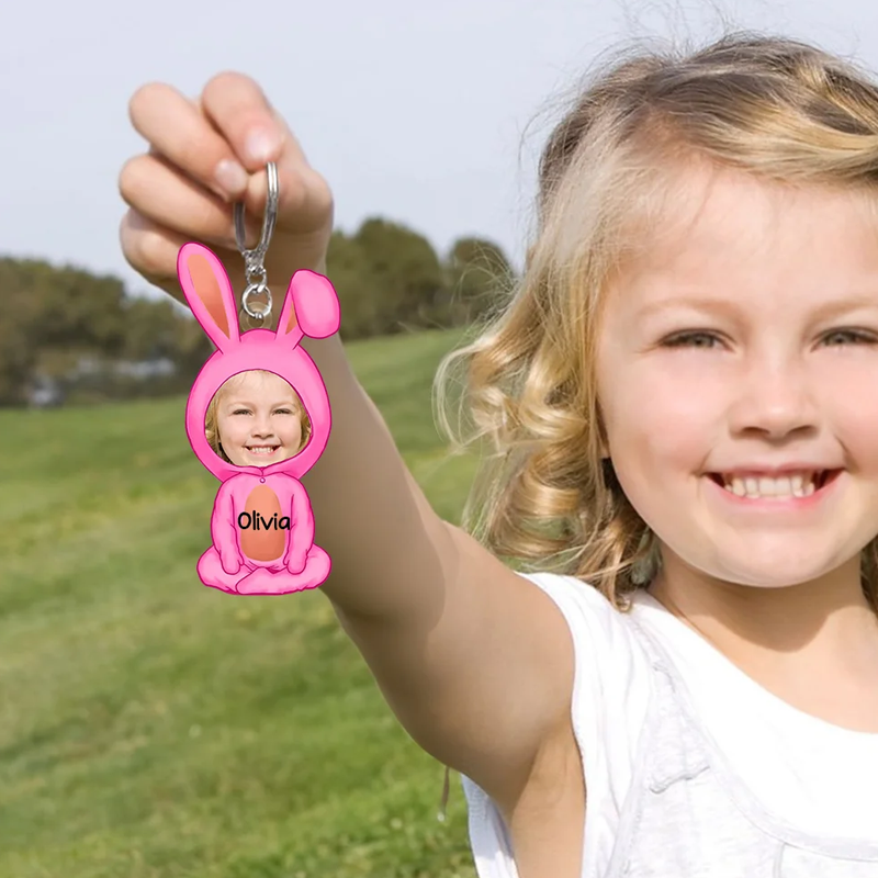 Personalized Multicolor Easter Bunny Cartoon Character Face Photo Acrylic Keychain with Name Easter Birthday Gift for Kids