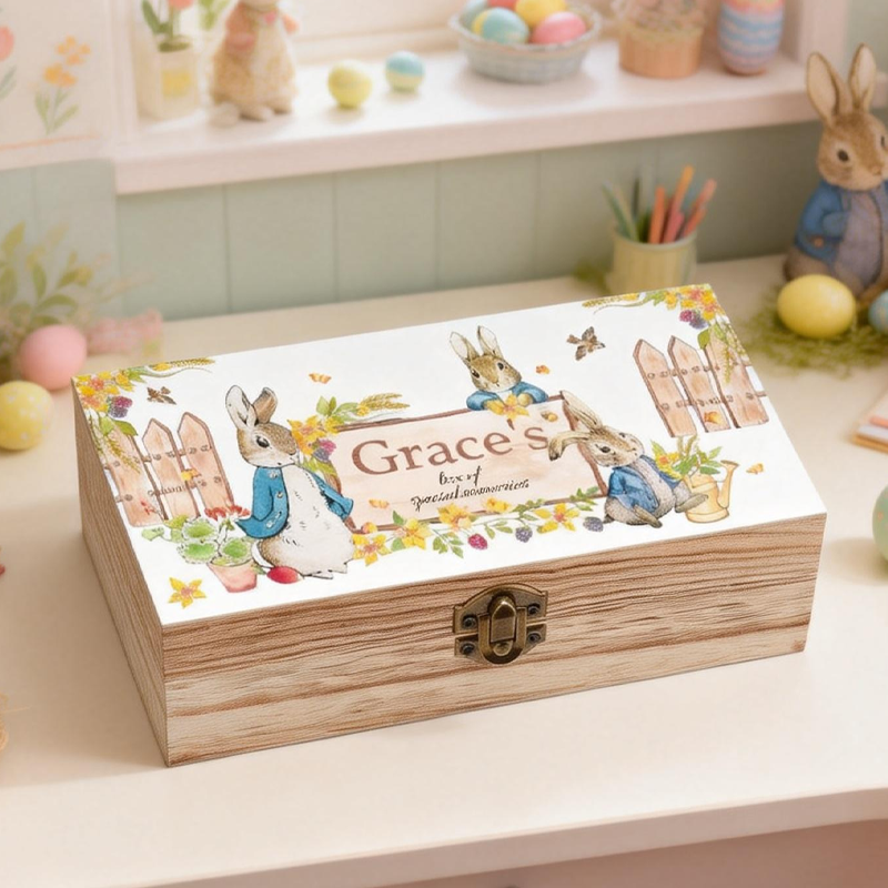 Personalized Peter Rabbit Bunny Wooden Storage Box Easter Birthday Gift for Kids Friend