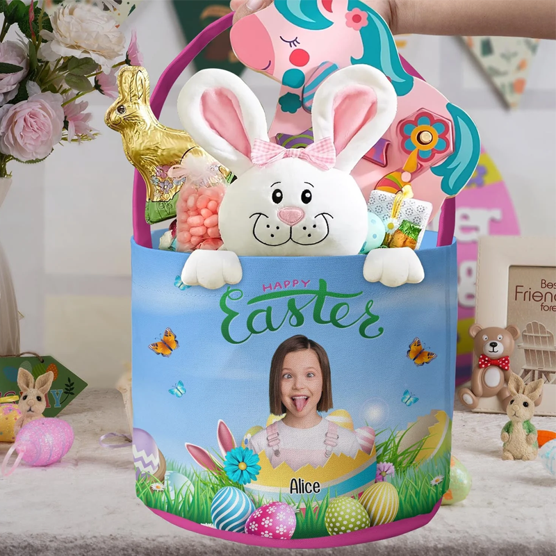 Personalized Happy Easter Kid with Easter Eggs Photo Easter Basket Easter Gifts for Kids