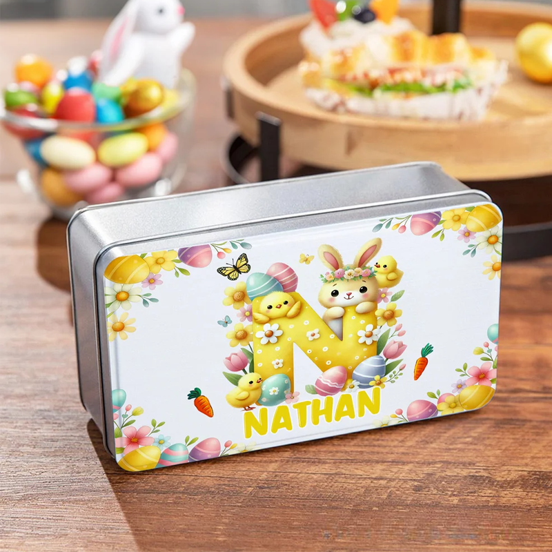 Personalized Cute Cartoon Bunny Easter Eggs Food Grade Metal Biscuit Tin Storage Box with Name Easter Gift for Family Kids