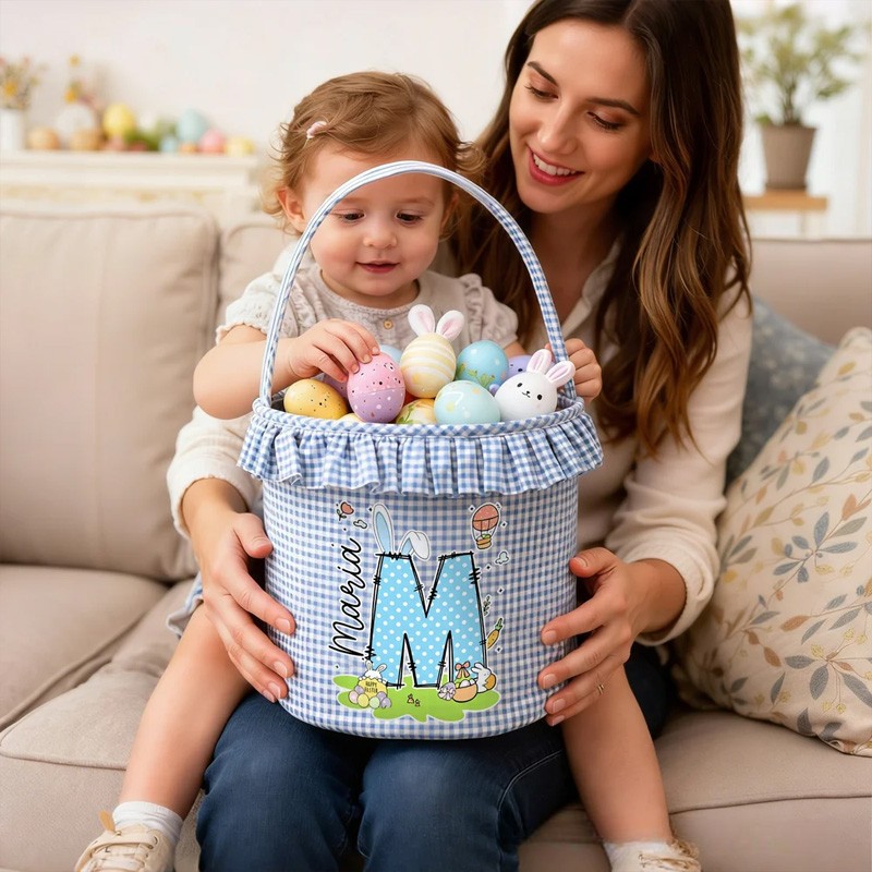 Personalized Cute Bunny Initial Flower Plaid Easter Basket with Name Easter Egg Hunt Easter Gift for Boys Girls