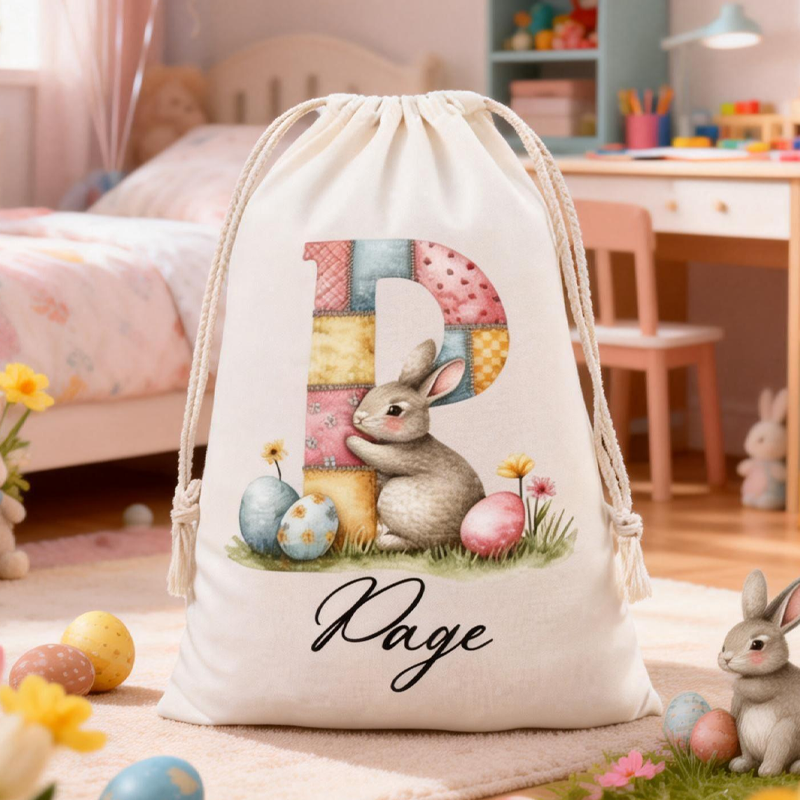 Personalized Bunny Drawstring Bags Custom Name Bunny Designs for Egg Hunts Easter Party Favors Bunny Drawstring Bags 