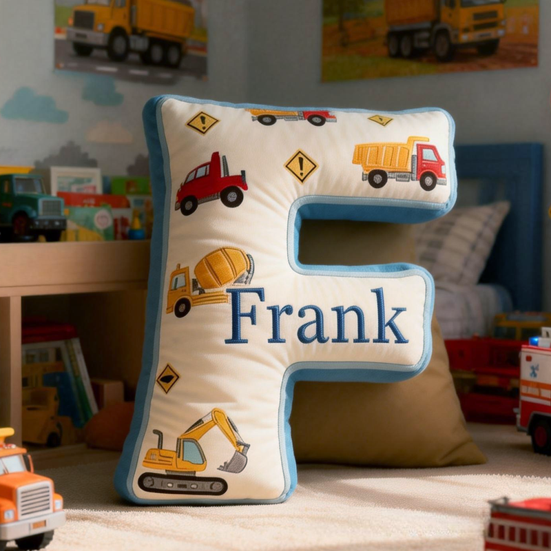 Personalized Construction Letter Pillow Custom Initial Pillow for Kids Trucks Vehicles Nursery Decor Boys Room Cushion Toddler Gift