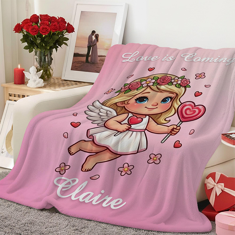 Personalized Name Valentine's Angel Pink Blanket Flannel Sherpa Throw for Bed Couch Home Decor Anniversary Valentine's Day Gift for Couples