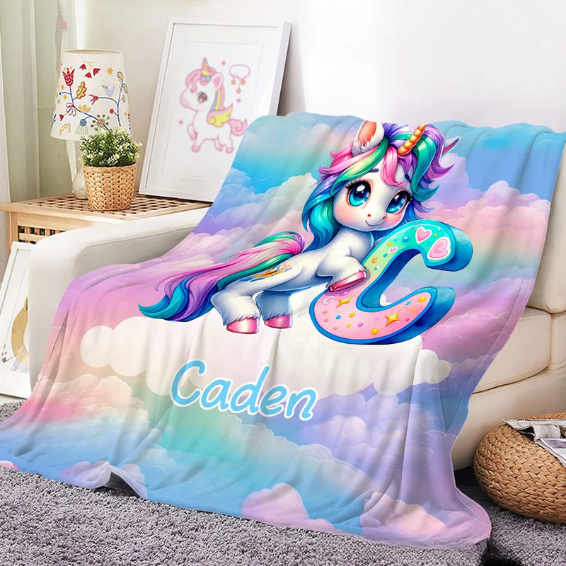 Personalized Gradient Dreamy Dream Horse Initial Design Soft Throw Blanket with Name Room Decor Christmas Gift for Women Girls