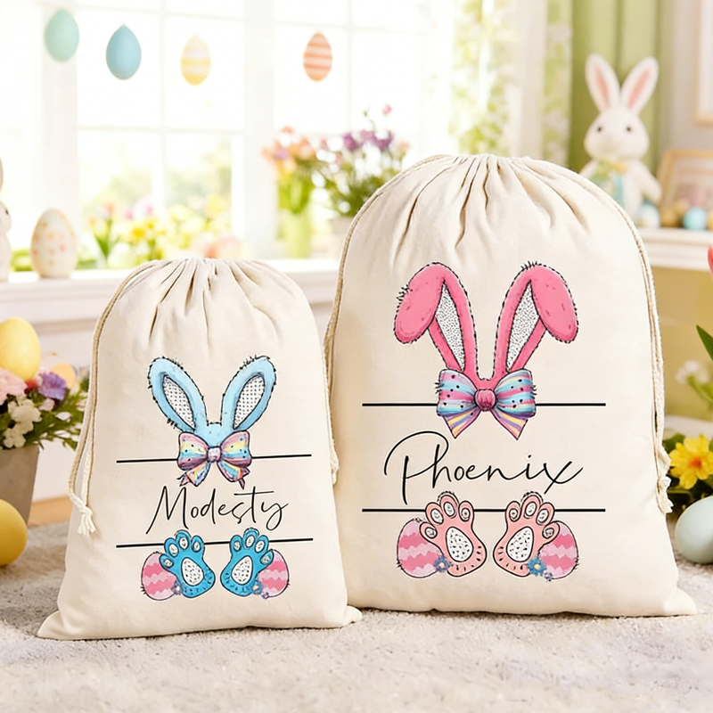 Personalized Bunny Drawstring Bags Custom Name Bunny Designs for Egg Hunts Easter Party Favors Bunny Drawstring Bags Reusable Easter Bags