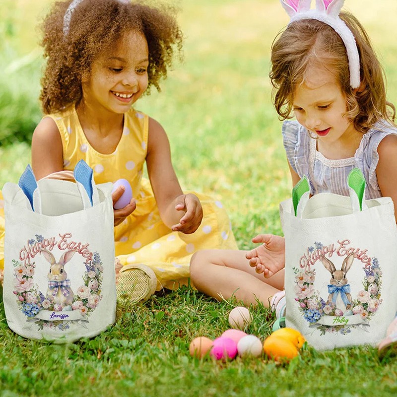 Personalized Wreath Cartoon Rabbit Easter Basket with Name and Bunny Ears Egg Hunting Accessory Easter Gift for Kids