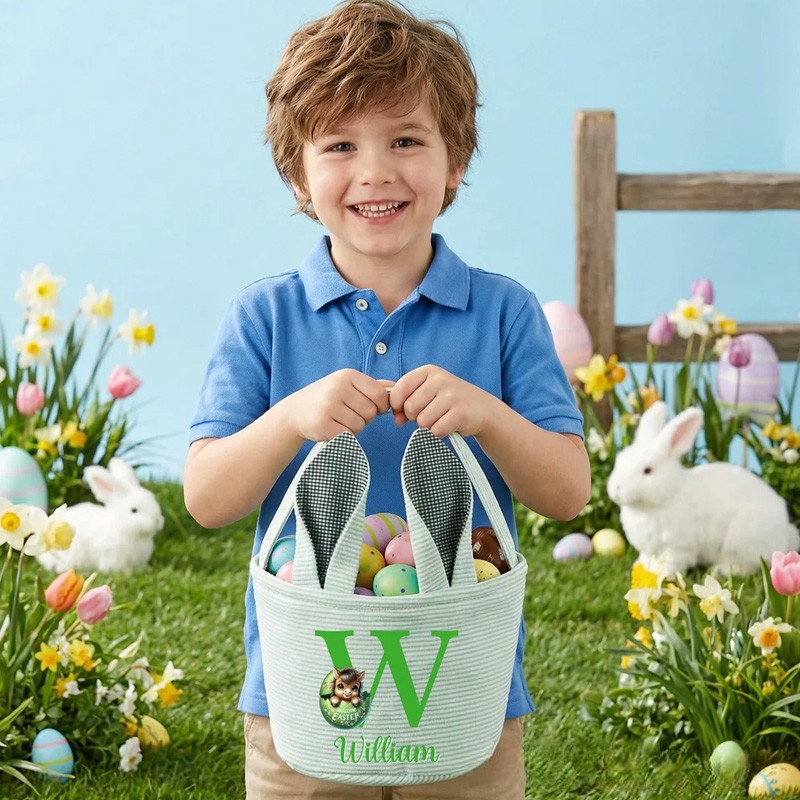 Personalized Multi Color Cute Animal Bunny Ears Easter Basket with Name and Initial Daily Use Holiday Party Easter Gift for Children